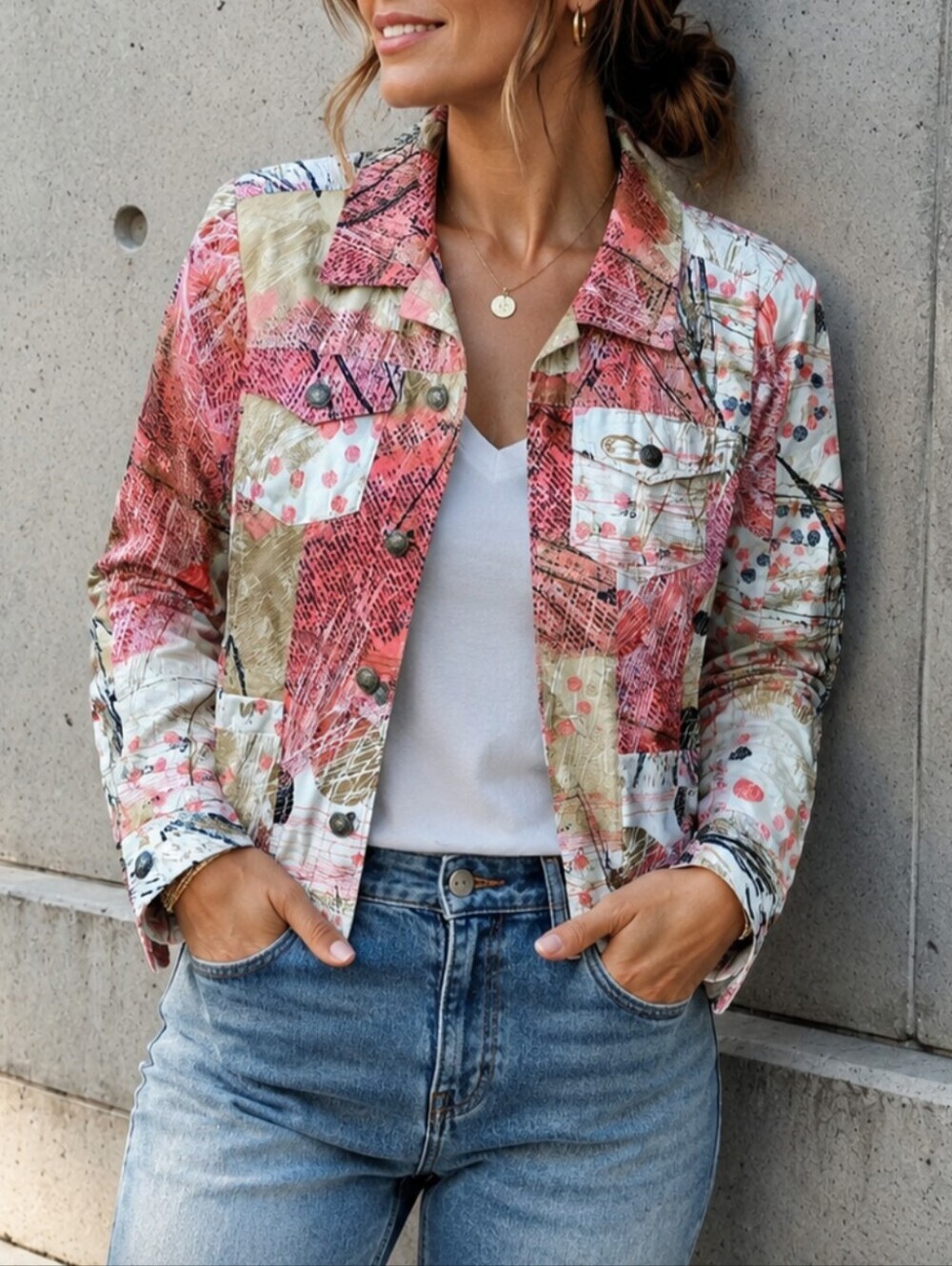 Christopher Banks abstract print button-front denim jacket Coral Cream sz M.